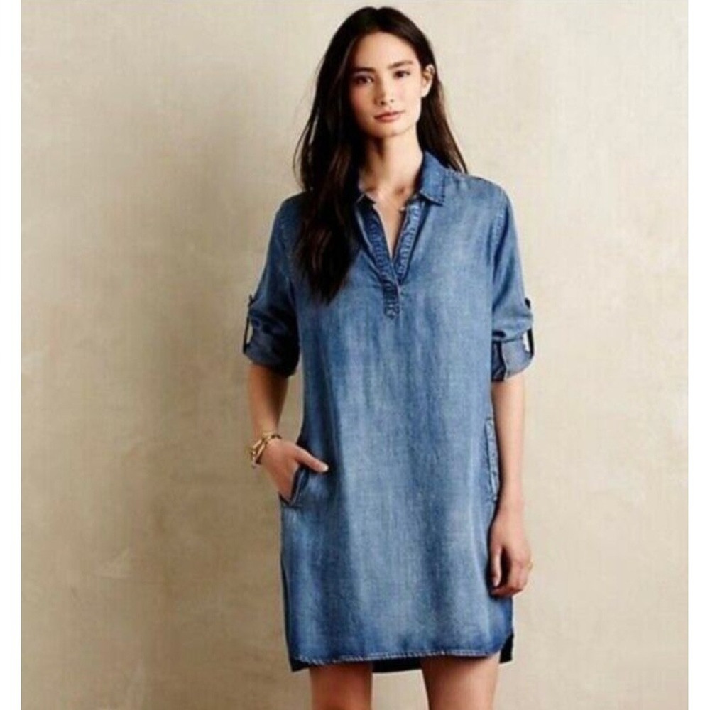 Anthropologie Cloth & Stone Women Adalie Blue Chambray Mini‎ Dress Small V-Neck